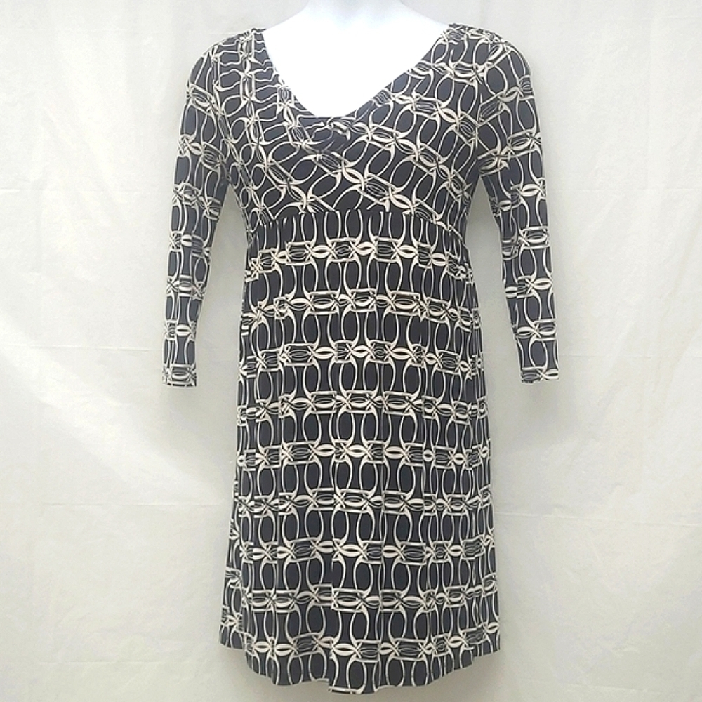 Michael Kors Dress black white Chain Maile Print midi long sleeve Stretchy Small